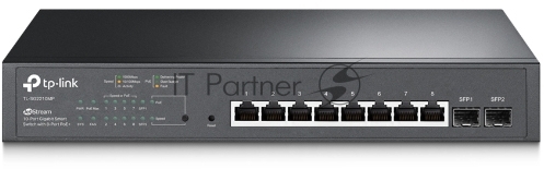 Коммутатор TP-Link JetStream 10-Port Gigabit Smart Switch with 8-Port PoE+, 8× Gigabit PoE+ Ports, 2× Gigabit SFP Slots, 802.3at/af, 150 W PoE Power, 1U 13-inch Rack-mountable Steel CaseIntegration with Omada SDN Controller, 802.1Q VLAN, STP/RSTP/MSTP, IGMP Snoopi