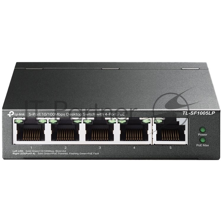 Коммутатор 5-Port 10/100Mbps Unmanaged Switch with 4-Port PoE, meta case, desktop mount, PoE budget 41W.
