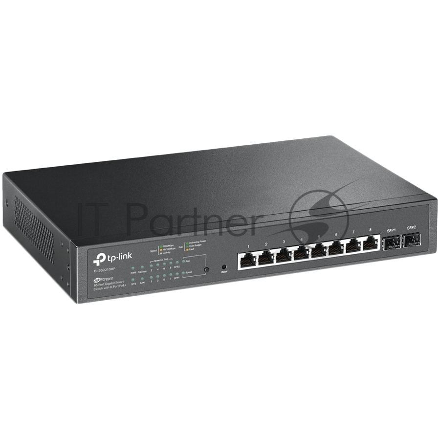 Коммутатор TP-Link JetStream 10-Port Gigabit Smart Switch with 8-Port PoE+, 8× Gigabit PoE+ Ports, 2× Gigabit SFP Slots, 802.3at/af, 150 W PoE Power, 1U 13-inch Rack-mountable Steel CaseIntegration with Omada SDN Controller, 802.1Q VLAN, STP/RSTP/MSTP, IGMP Snoopi