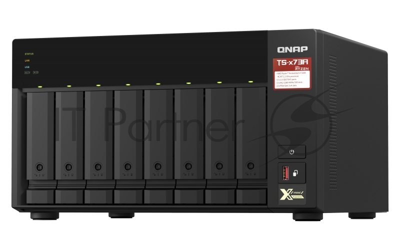 Сетевое хранилище без дисков SMB QNAP TS-873A-8G NAS, 8 trays 3,5"/2,5", 2x2,5 GbE BASE-T, 2 x M.2 NVMe 2280 slots, quad-core AMD Ryzen V1500B 2,2 GHz, 8 Gb SO-DIMM DDR4 (1 x 8 Gb) up to 64Gb (2x32 Gb)