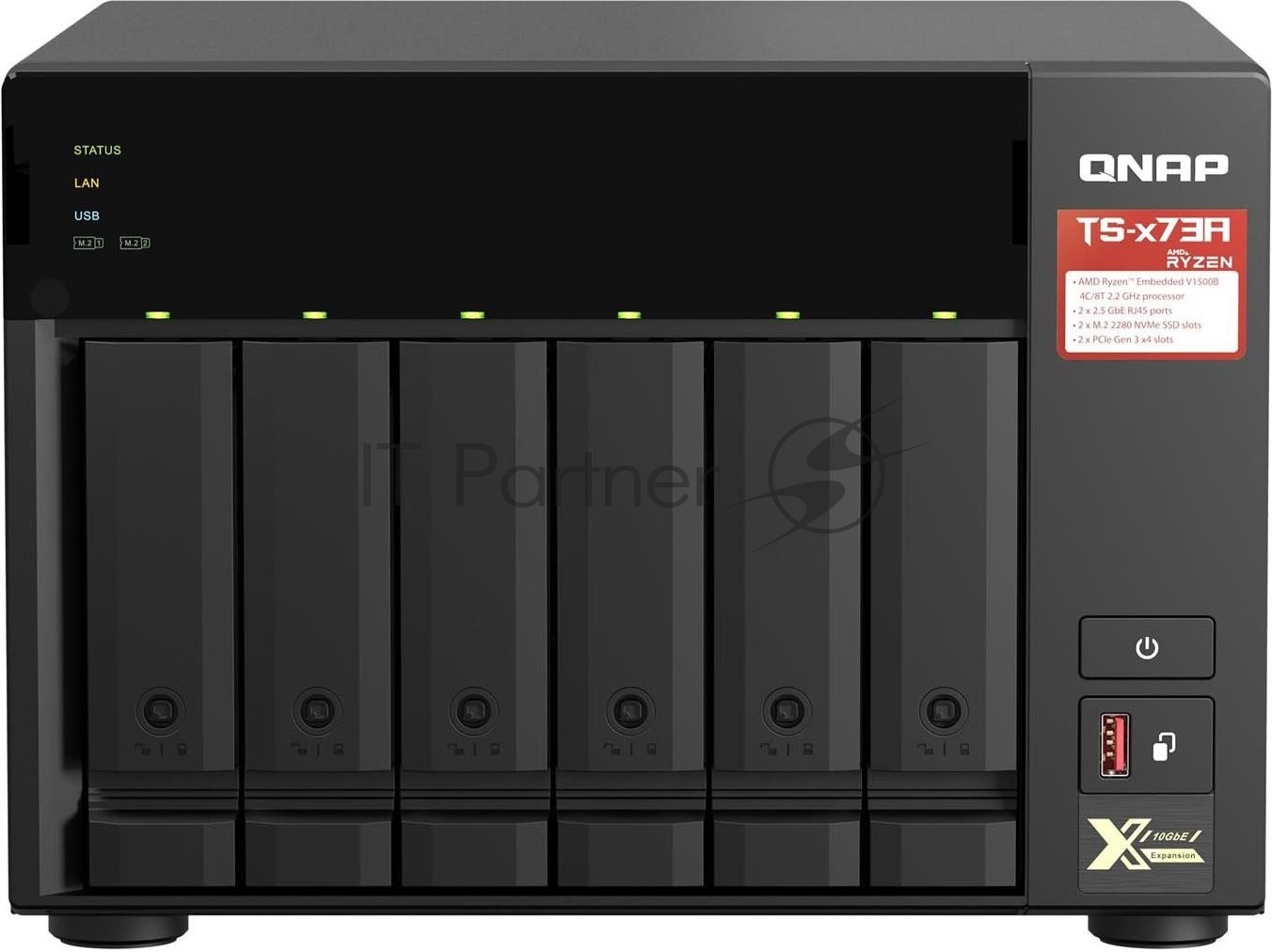 Сетевое хранилище без дисков/ SMB QNAP TS-673A-8G NAS, 6 trays 3,5"/2,5", 2x2,5 GbE BASE-T, 2 x M.2 NVMe 2280 slots, quad-core AMD Ryzen V1500B 2,2 GHz, 8 GB SO-DIMM DDR4 (1 x 8 GB) up to 64GB (2x32 GB)