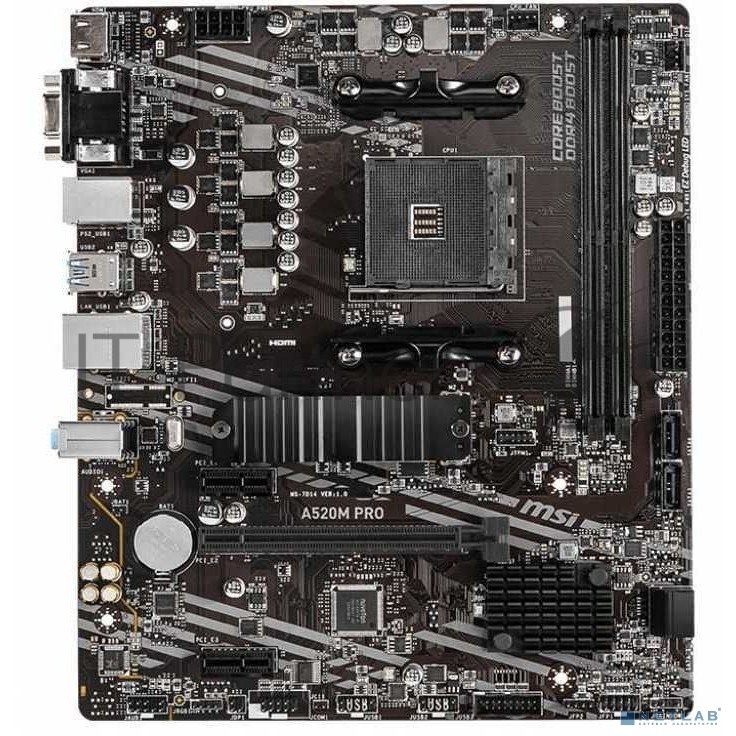 Материнская плата MSI A520M PRO A520, AM4, 2*DDR4, 1*PCIEx16, 2*PCIEx1, 1*M.2, 6*USB3.2Gen1, 6*USB2.0, 4*SATA3.0, 1G, VGA, DP, HDMI, M-ATX, RTL bp (A520M PRO плохая упаковка)