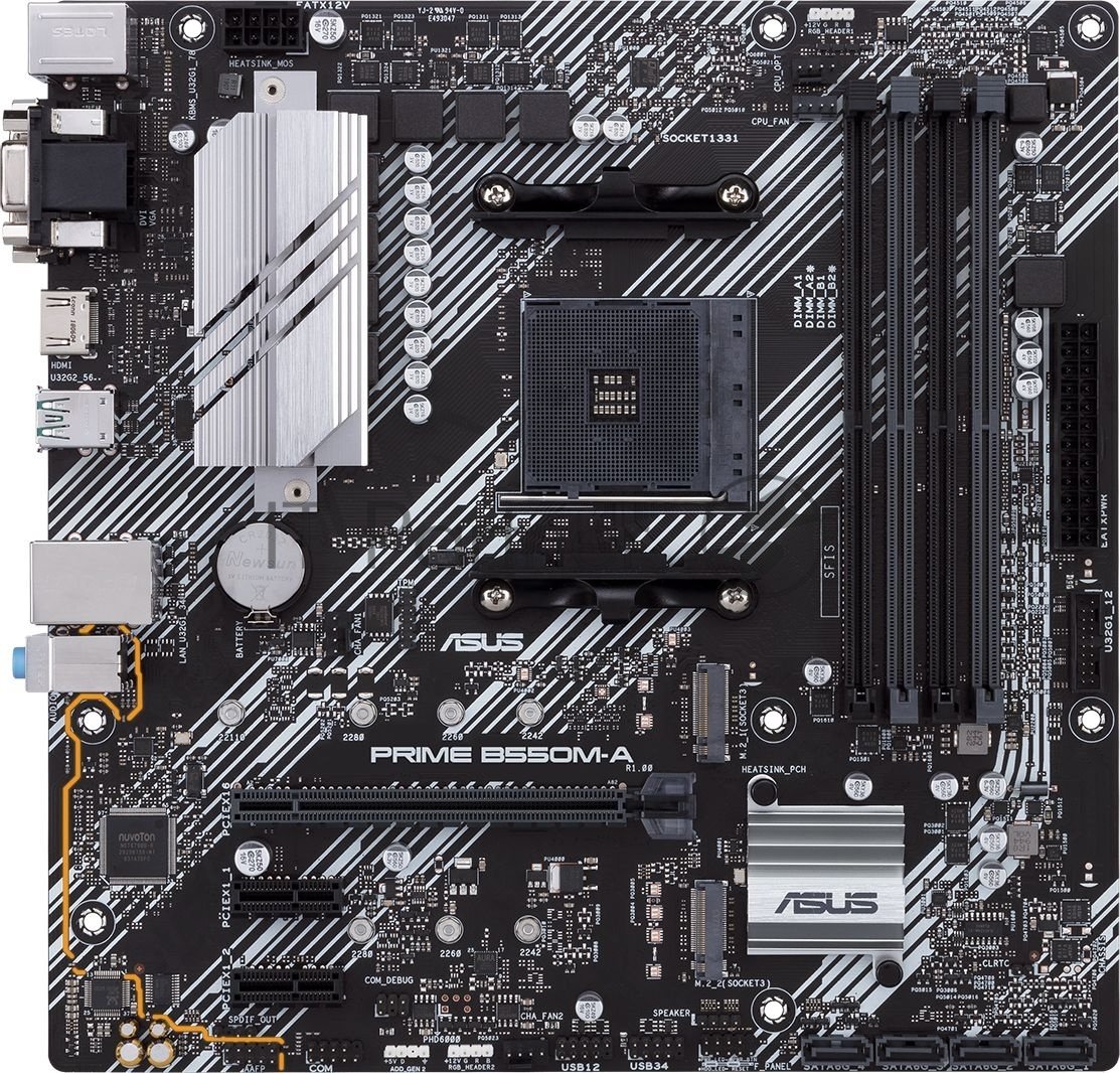 Материнская плата ASUS PRIME B550M-A/CSM, AM4, AMD B550, 4xDDR4, 4xSATA, 2xM.2, 1xPCIe 4.0 x16, 1xPCIe 3.0 x16, 2xPCIe 3.0 x1, 1xVGA, 1xDVI, 1xHDMI, 1x1Gb LAN, 2xUSB-A 10Gbps, 4xUSB-A 5Gbps, 3x3.5 мм, 7.1, mATX