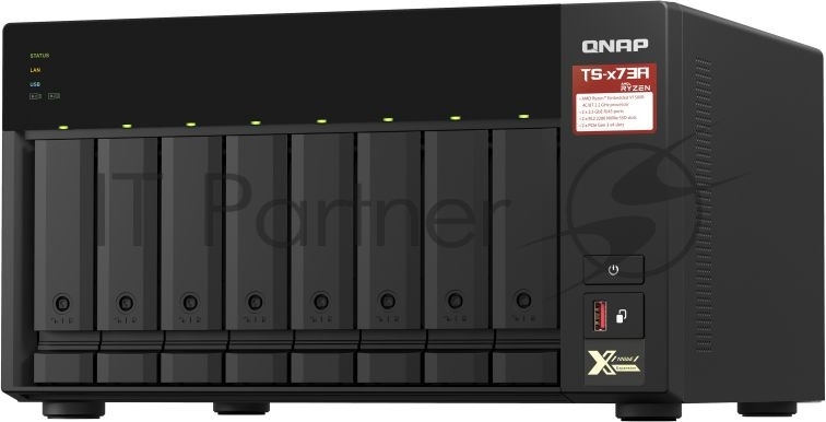 Сетевое хранилище без дисков SMB QNAP TS-873A-8G NAS, 8 trays 3,5"/2,5", 2x2,5 GbE BASE-T, 2 x M.2 NVMe 2280 slots, quad-core AMD Ryzen V1500B 2,2 GHz, 8 Gb SO-DIMM DDR4 (1 x 8 Gb) up to 64Gb (2x32 Gb)