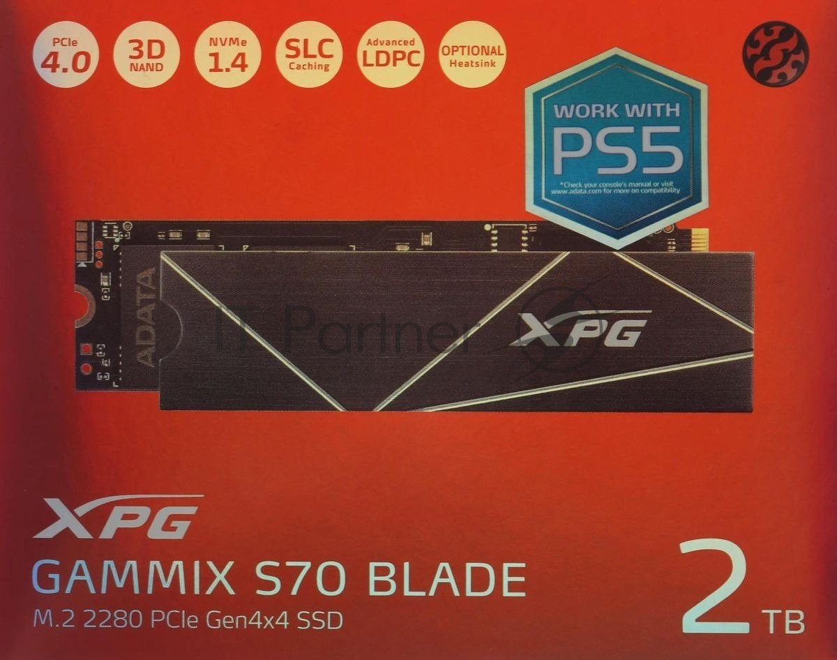 Накопитель SSD ADATA XPG GAMMIX BLADE S70, 2Tb, PCIe 4.0 x4, M.2 2280, NVMe, R/W 7400/6400