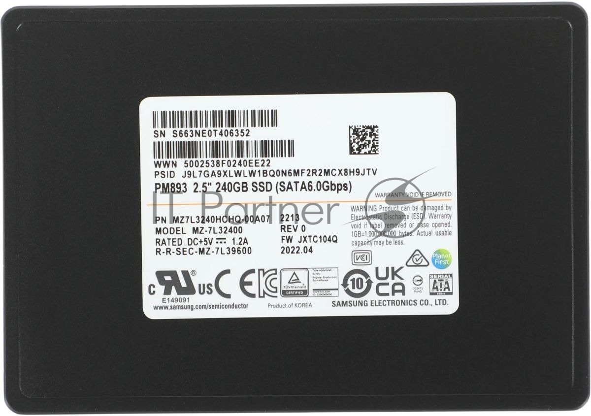 Накопитель SSD Samsung PM893, 240Gb, SATA III, 2.5", R/W 550/380
