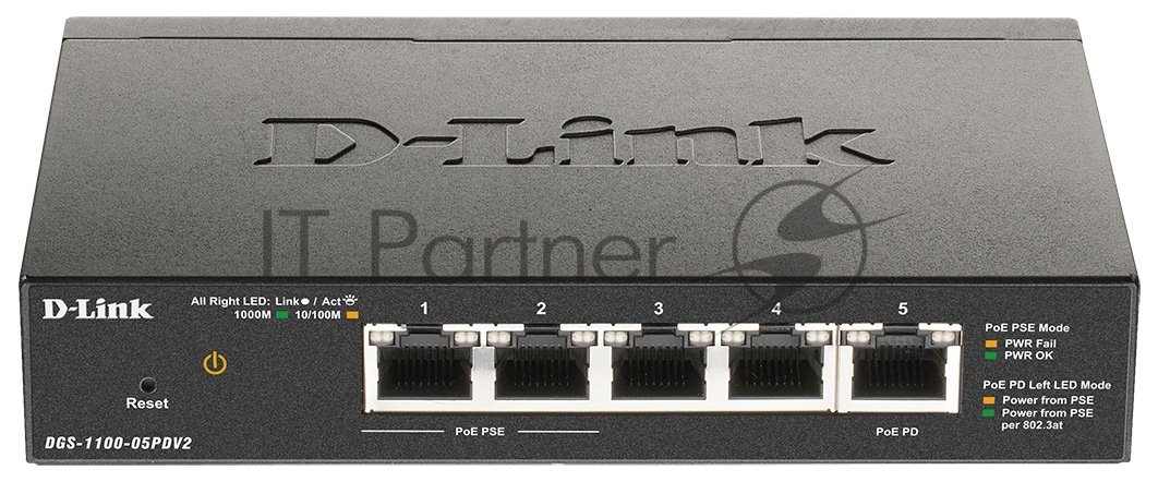 D-Link DGS-1100-05PDV2/A1A Настраиваемый L2 коммутатор с 5 портами 10/100/1000Base-T (2 порта PoE 802.3af