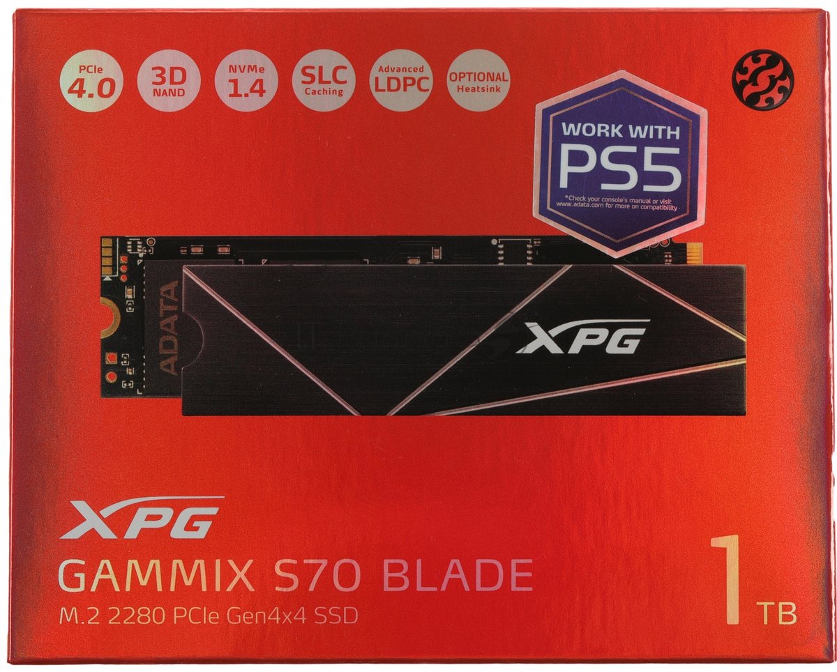 Накопитель SSD ADATA XPG BLADE S70, 1Tb, PCIe 4.0 x4, M.2 2280, NVMe, R/W 7400/5500, с радиатором