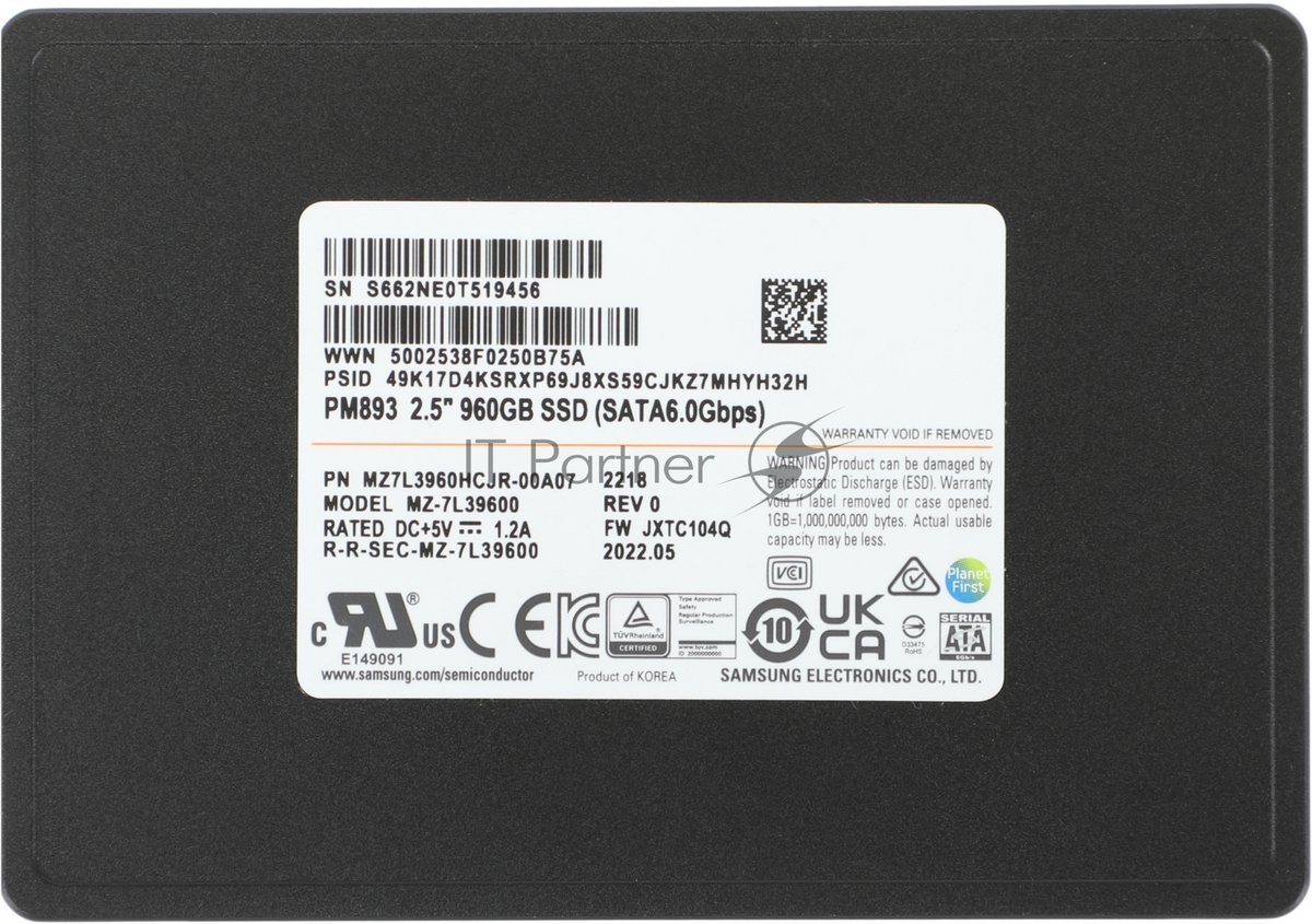 Накопитель SSD Samsung PM893, 960Gb, SATA III, 2.5", R/W 550/520