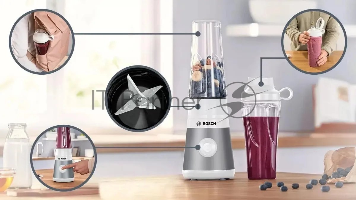 Блендер стационарный Bosch MMB2111T серебристый, 450 Вт, 1 скорость