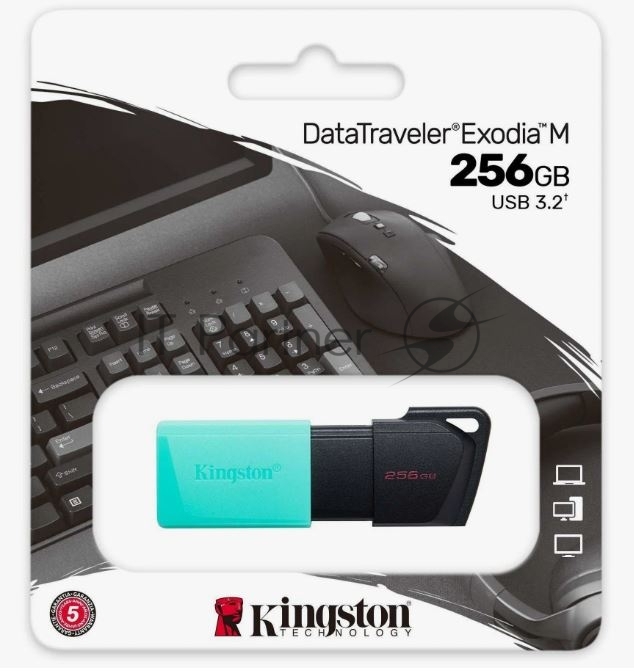 Флешка USB Kingston DataTraveler Exodia М (DTXM/256Gb), 256Gb, USB 3.2 Gen 1, R/W 150/60, черный/бирюзовый