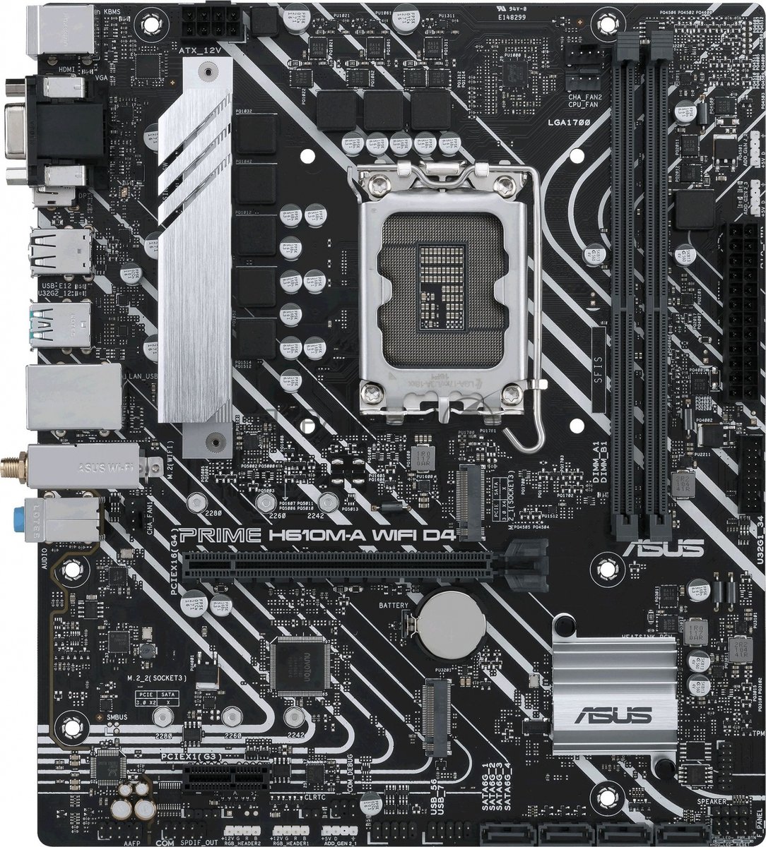 Материнская плата ASUS PRIME H610M-A WIFI D4, LGA 1700, Intel H610, 2xDDR4, 4xSATA, 2xM.2, 1xPCI-E 4.0 x16, 1xHDMI, 1xDisplayPort, 1x 1Gb LAN, 2xUSB-A 3.2 Gen 2, 4xUSB-A 2.0, 3x3.5 мм, 7.1, Micro-ATX