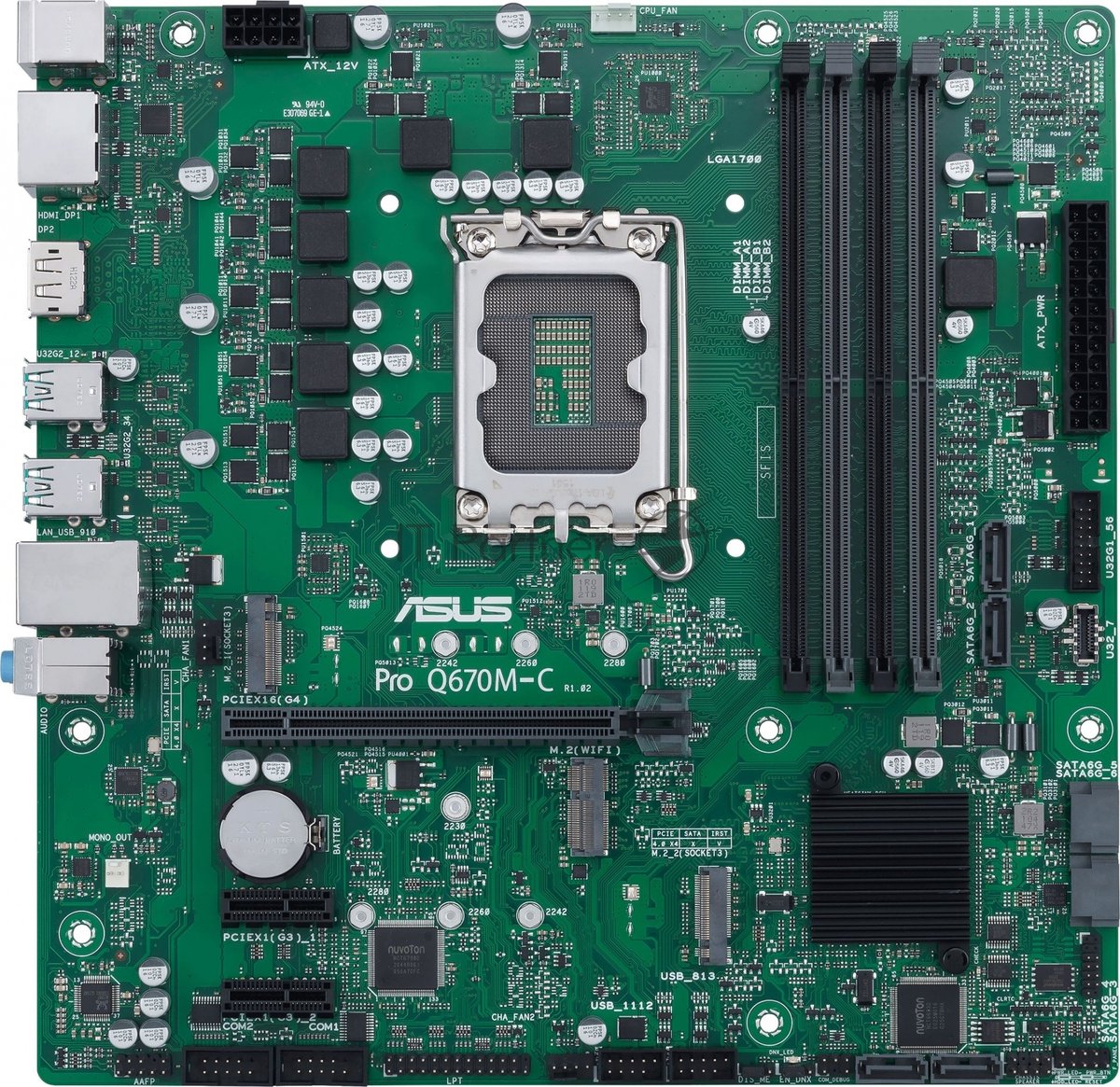 Материнская плата ASUS Pro Q670M-C-CSM, LGA 1700, Intel Q670, 4xDDR5, 6xSATA, 2xM.2, 1xPCIe 4.0 x16, 1xHDMI, 2xDP, 1x1Gb LAN, 4xUSB-A 3.2 Gen 2, 3x3.5 мм, 7.1, mATX