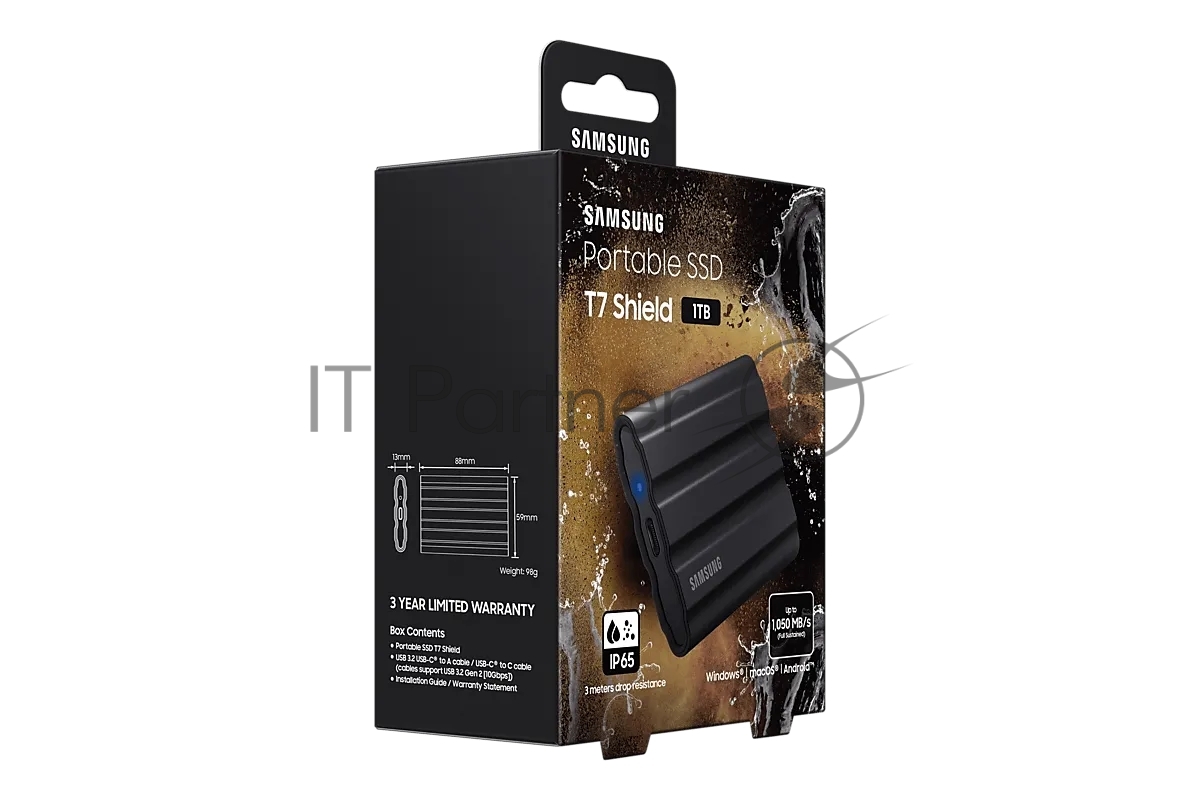Внешний SSD Samsung T7 Shield, 1TB, USB 3.2 Gen 2 Type-C, R/W 1050/1000, черный
