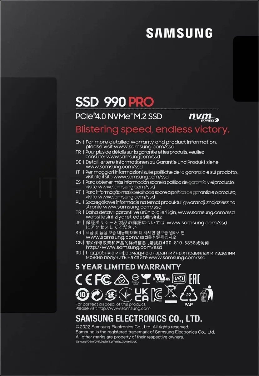 Твердотельный диск 2TB Samsung 990 PRO, M.2, PCI-E 4.0 x4, TLC 3D NAND [R/W - 7450/6900 MB/s]