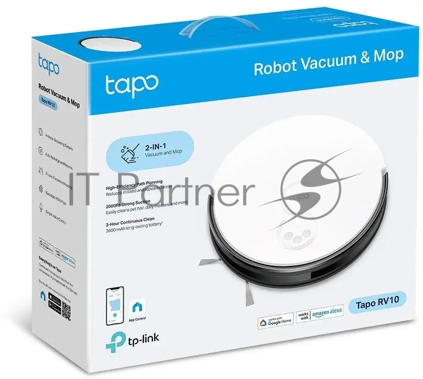Робот-пылесос TP-Link Tapo RV10 белый/черный, 2600 мАч Li-Ion, уборка влажная/сухая, пылесборник контейнер 0.4 л