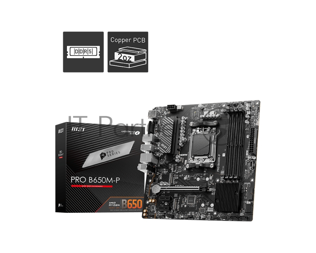 Материнская плата MSI PRO B650M-P B650, AM5, 4*DDR5, 1*PCIEx16, 2*PCIEx1, 2*M.2, 1*TypeC, 2*USB3.2Gen2, 4*USB3.2Gen1, 8*USB2.0, 4*SATA3.0, 2.5G, VGA, DP, HDMI, M-ATX, RTL bp (PRO B650M-P плохая упаковка)