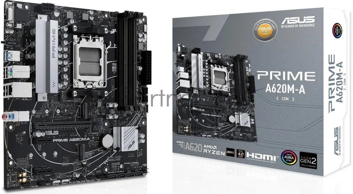 Материнская плата ASUS PRIME A620M-A-CSM, AM5, AMD A620, 2xDDR5, 4xSATA, 2xM.2, 1xPCI-E 4.0 x16, 1xHDMI, 1xDP, 1xVGA, 1x 1Gb LAN, 2xUSB-A 3.2 Gen 1, 4xUSB-A 2.0, 3x3.5 мм, 7.1, Micro-ATX