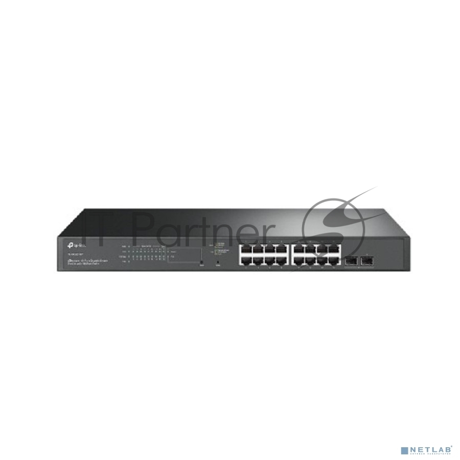 TP-Link Коммутатор сетевой гигабитный управляемый L2/L2+; 18 портовый с РоЕ; 16 портов RJ45 802.3at/af 10/100/1000 Мбит/с; 2 порта SFP 1000 Мбит/с; Суммарный бюджет POE 150 Вт; АС 100-240В; 0…+40°C; 440х180х44 мм.