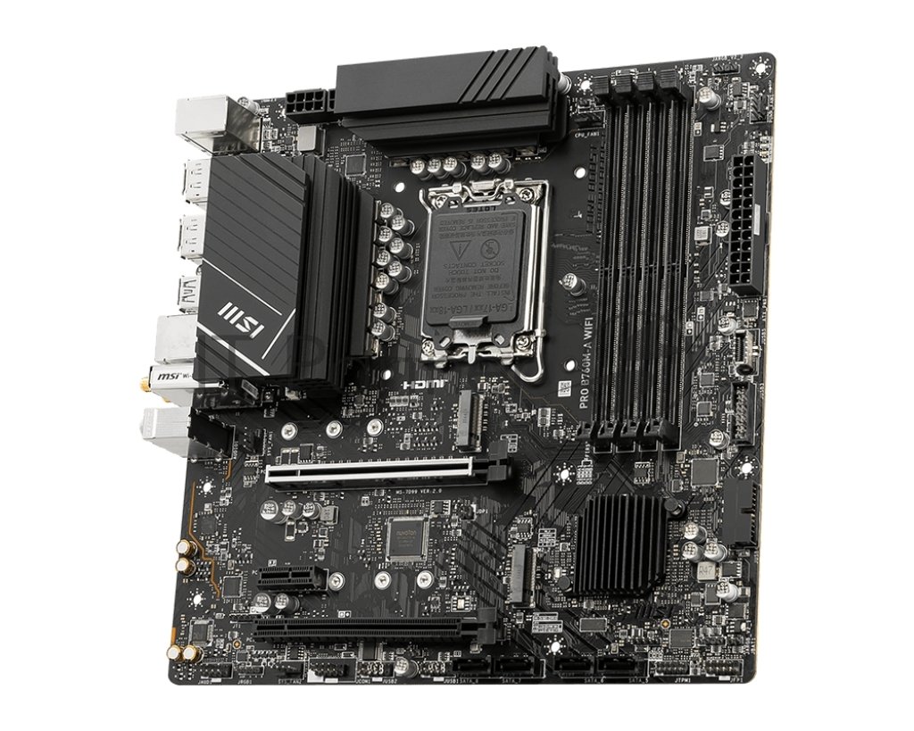 Материнская плата MSI PRO B760M-A WIFI, LGA 1700, Intel B760, 4xDDR5, 4xSATA, 2xM.2, 1xPCI-E 4.0 x16, 1xPCI-E 4.0 x4, 2xHDMI, 2xDP, 1x2.5Gb LAN, 2xUSB-A 2.0, 2xUSB 3.2 Gen 1, 2xUSB 3.2 Gen 2, 3x3.5 мм, 7.1, Micro-ATX
