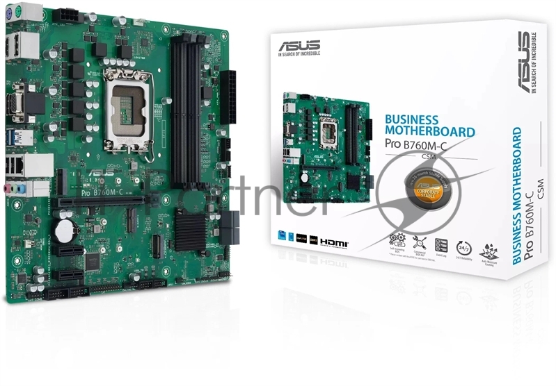 Материнская плата ASUS Pro B760M-C-CSM, LGA 1700, Intel B760, 4xDDR5, 4xSATA, 2xM.2, 1xPCI-E 4.0 x16, 2xPCI-E x1, 1x 1Gb LAN, 2xUSB-A 2.0, 2xUSB-A 3.2 Gen 1, 1xHDMI, 1xVGA, 2xDP, 3x3.5 мм, 7.1, Micro-ATX
