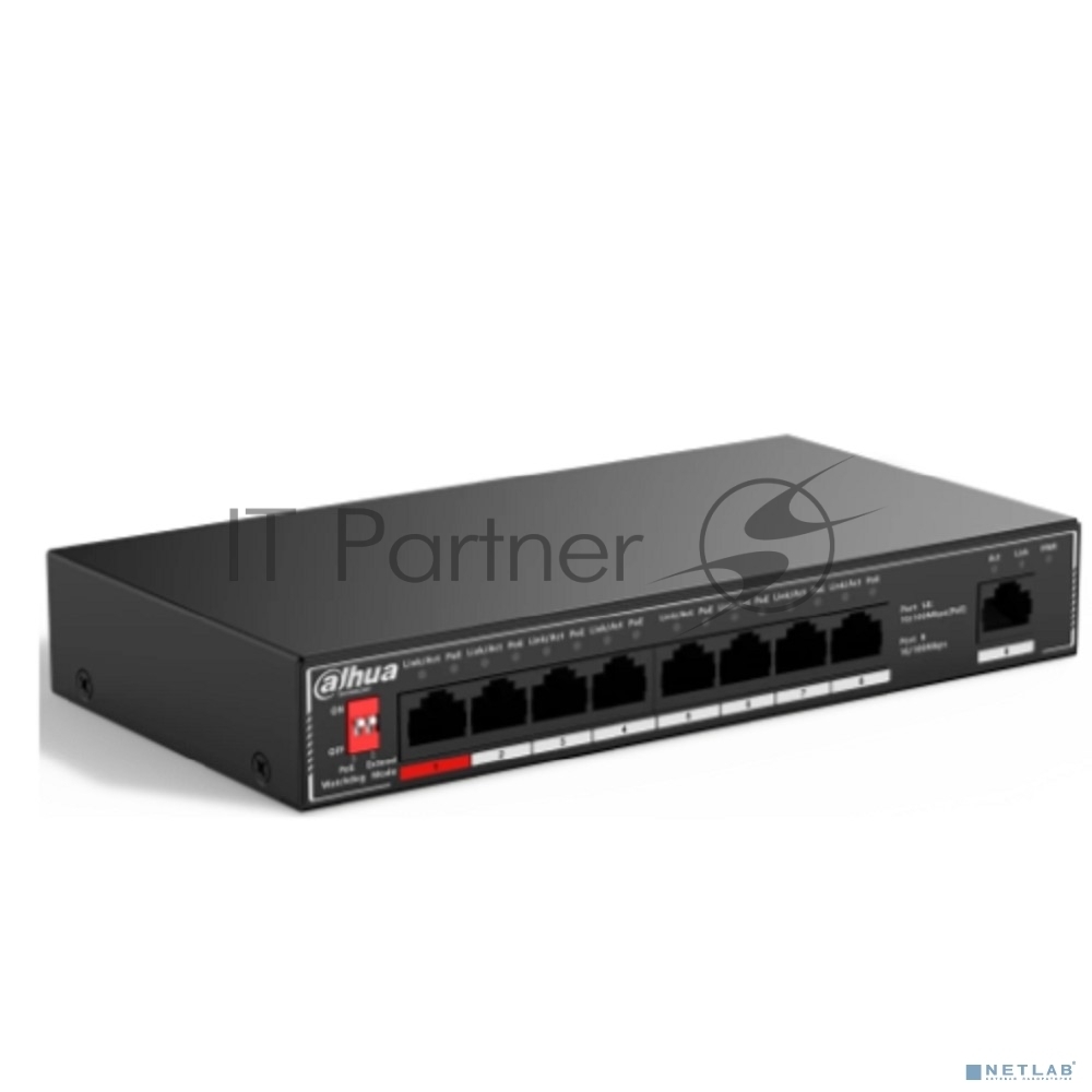Коммутатор неуправляемый 9-портовый с РоЕ Dahua DH-SF1009P, 8xRJ45 100Mb PoE, 1xRJ45 100Mb uplink, суммарно 96Вт, коммутация 1.8 Гбит/с, MAC-таблица 2K, металл
