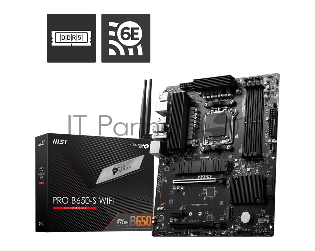 Материнская плата MSI PRO B650-S WIFI, AM5, AMD B650, 4xDDR5, 4xSATA, 2xM.2, 1xPCI-E 4.0 x16, 1xPCI-E 4.0 x4, 1xHDMI, 1xDP, 1x2.5Gb LAN, 3xUSB 3.2 Gen 1, 3xUSB 3.2 Gen 2, 6x3.5 мм, 7.1, Standard-ATX