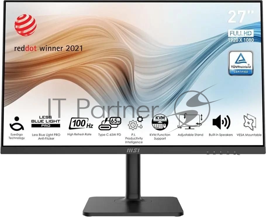 Монитор 27" MSI Modern MD272XP IPS 1920x1080, 100 Гц, 4 мс (GtG), 16:9, 300 кд/м², DisplayPort 1.2a, HDMI 1.4b, USB-C (65 Вт), встроенные динамики (2x3 Вт), Flicker Free, Low Blue Light, Adaptive-Sync, KVM-переключатель, регулировка по высоте, поворотная подставка, портретный режим, черный