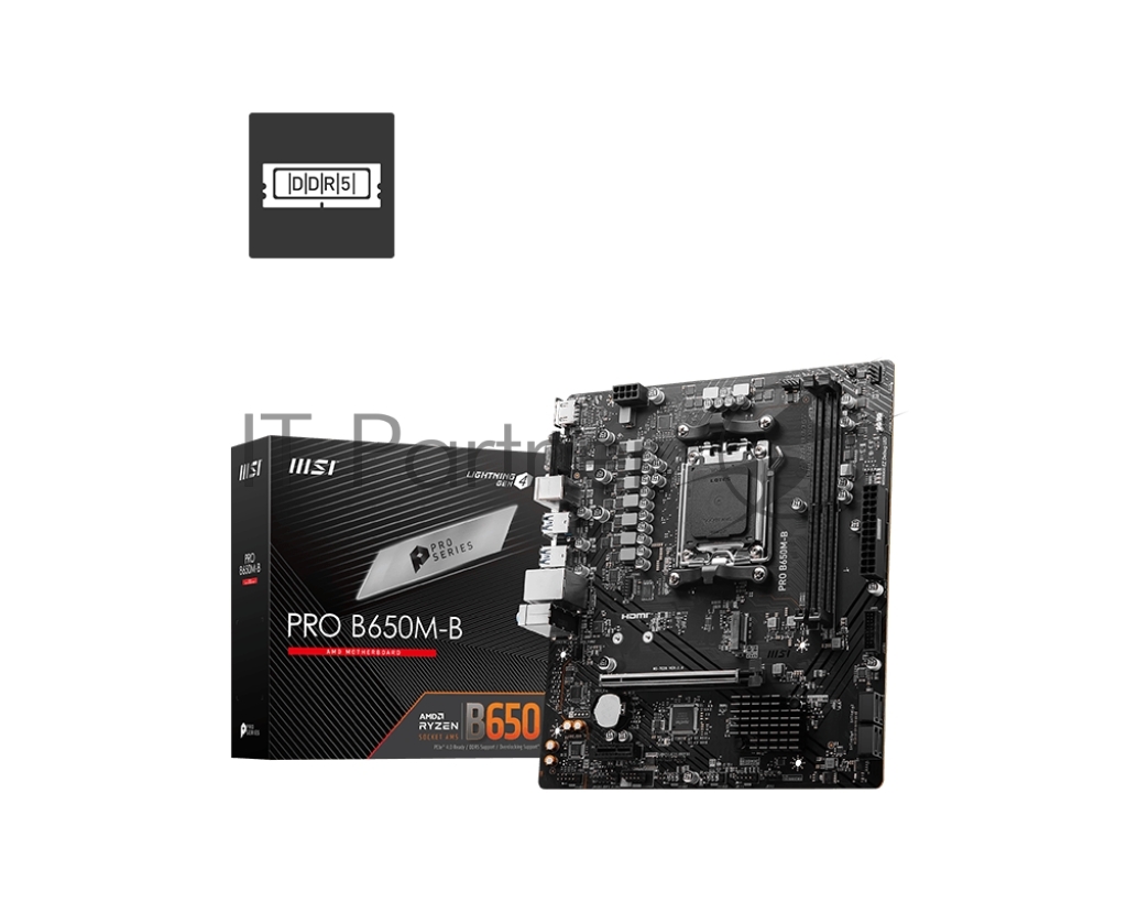 Материнская плата MSI PRO B650M-B, AM5, AMD B650, 2xDDR5, 4xSATA, 1xM.2, 1xPCI-E 4.0 x16, 1xPCI-E 4.0 x1, 1xHDMI, 1xVGA, 1x2.5Gb LAN, 2xUSB 2.0, 4xUSB 3.2 Gen 1, 3x3.5 мм, 7.1, Micro-ATX
