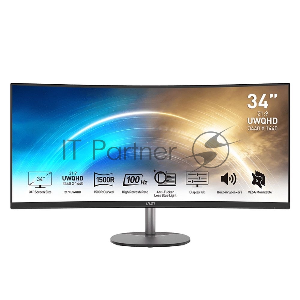 Монитор MSI - PRO MP341CQ, 34", 21:9, VA, 1 мс, 300cd/m², 3000:1, 3440x1440 (UltraWide WQHD), 100 Гц, 2x HDMI, 1x DP, speakers, curved, цвет чёрный, 9S6-3PB2CT-027