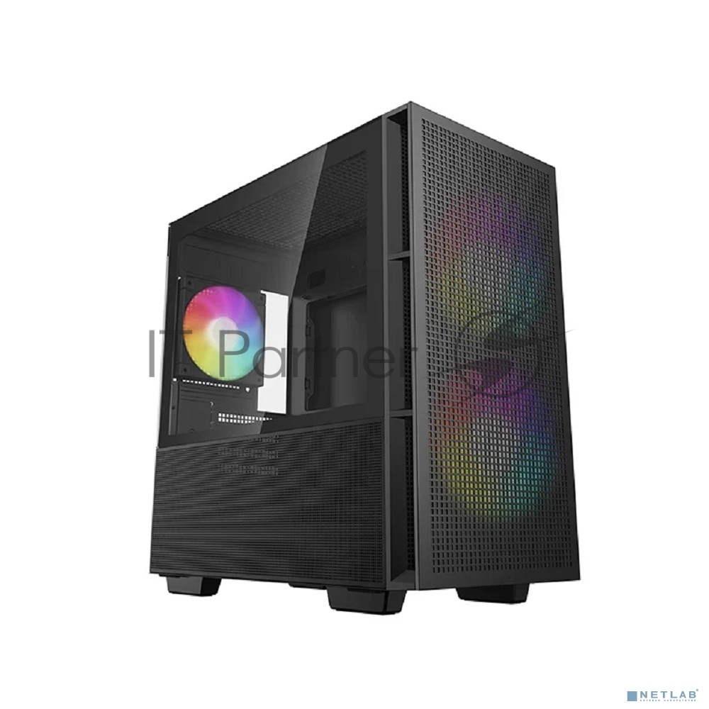 Компьютерный корпус Deepcool CH360 без БП, боковое окно (закаленное стекло), 2x140мм ARGb LED вентилятор спереди и 1x120мм ARGb LED вентилятор сзади, черный, mATX