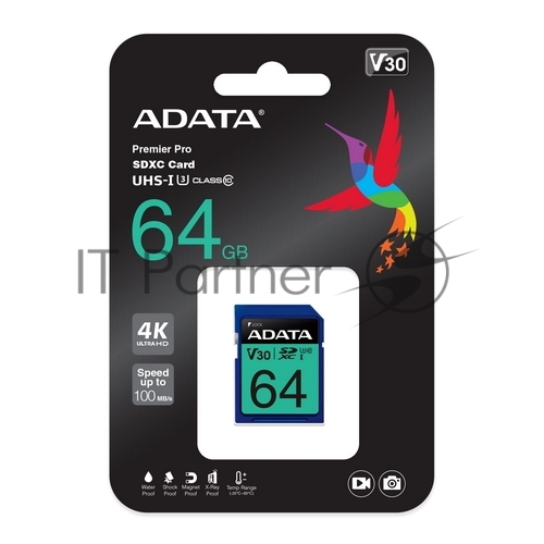 <121051> Карта памяти SD .64Gb ADATA SDXC Class 10 UHS-I U3 V30S 100/80 MB/s [ASDX64GUI3V30S-R]