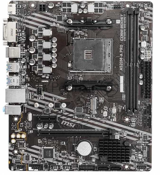 Материнская плата MSI A520M-A PRO, AM4, AMD A520, 2xDDR4, 4xSATA, 1xM.2, 1xPCIe 3.0 x16, 1xDVI-D, 1xHDMI, 1x 1Gb LAN, 2xUSB 2.0, 4xUSB 3.2 Gen 1, 3x3.5 мм, 7.1, mATX