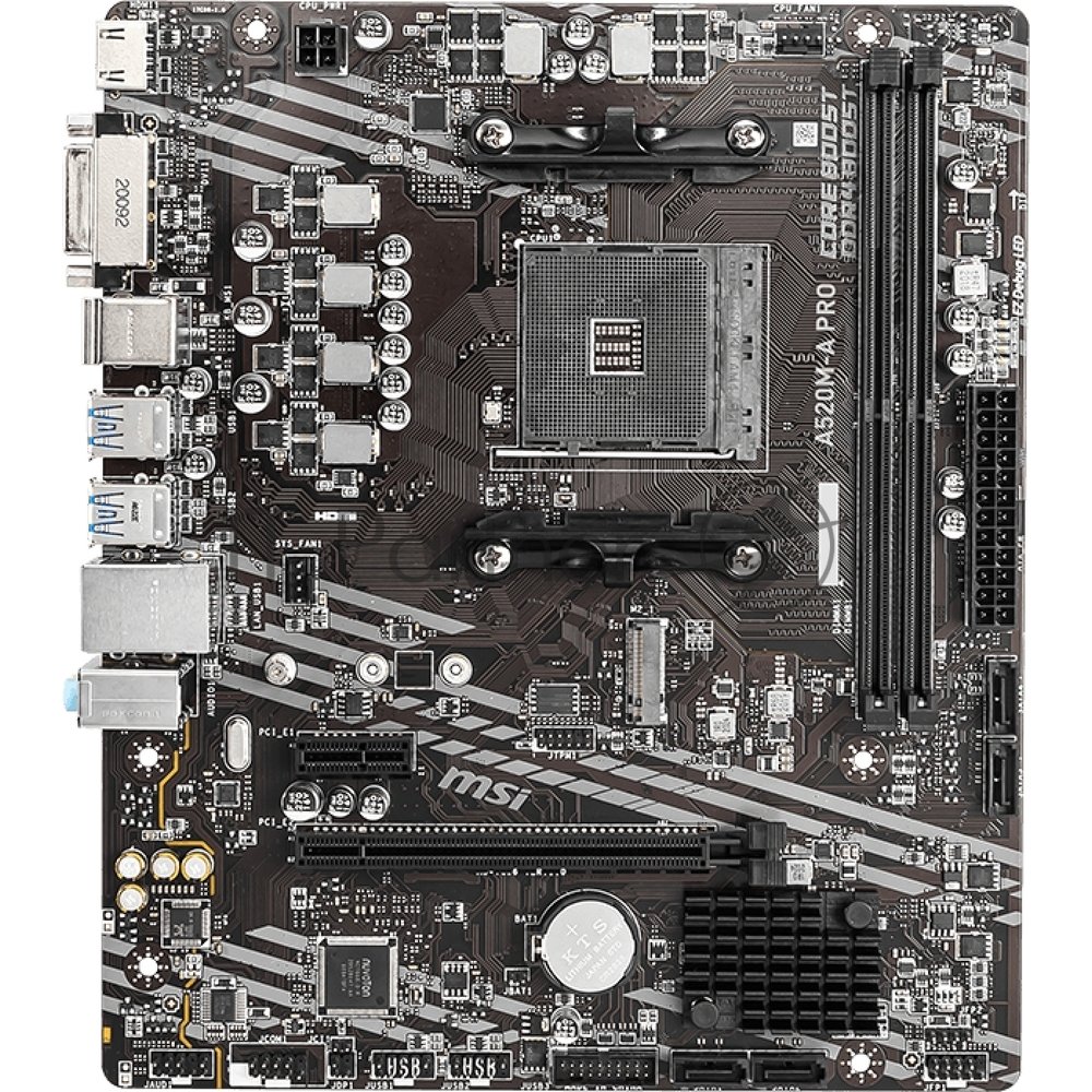 Материнская плата MSI A520M-A PRO, AM4, AMD A520, 2xDDR4, 4xSATA, 1xM.2, 1xPCIe 3.0 x16, DVI-D, HDMI, 1x1Gb LAN, 3x3.5 мм, 7.1, microATX