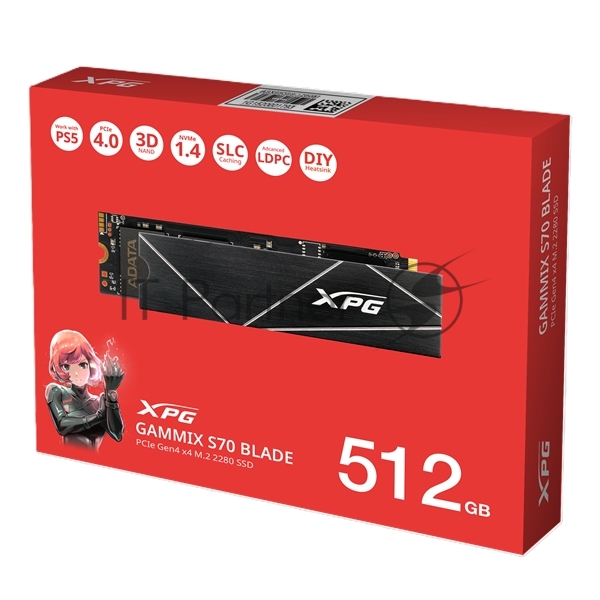 Накопитель SSD ADATA XPG GAMMIX S70 BLADE, 512Gb, PCIe 4.0 x4, M.2 2280, NVMe, R/W 7200/2600, с радиатором