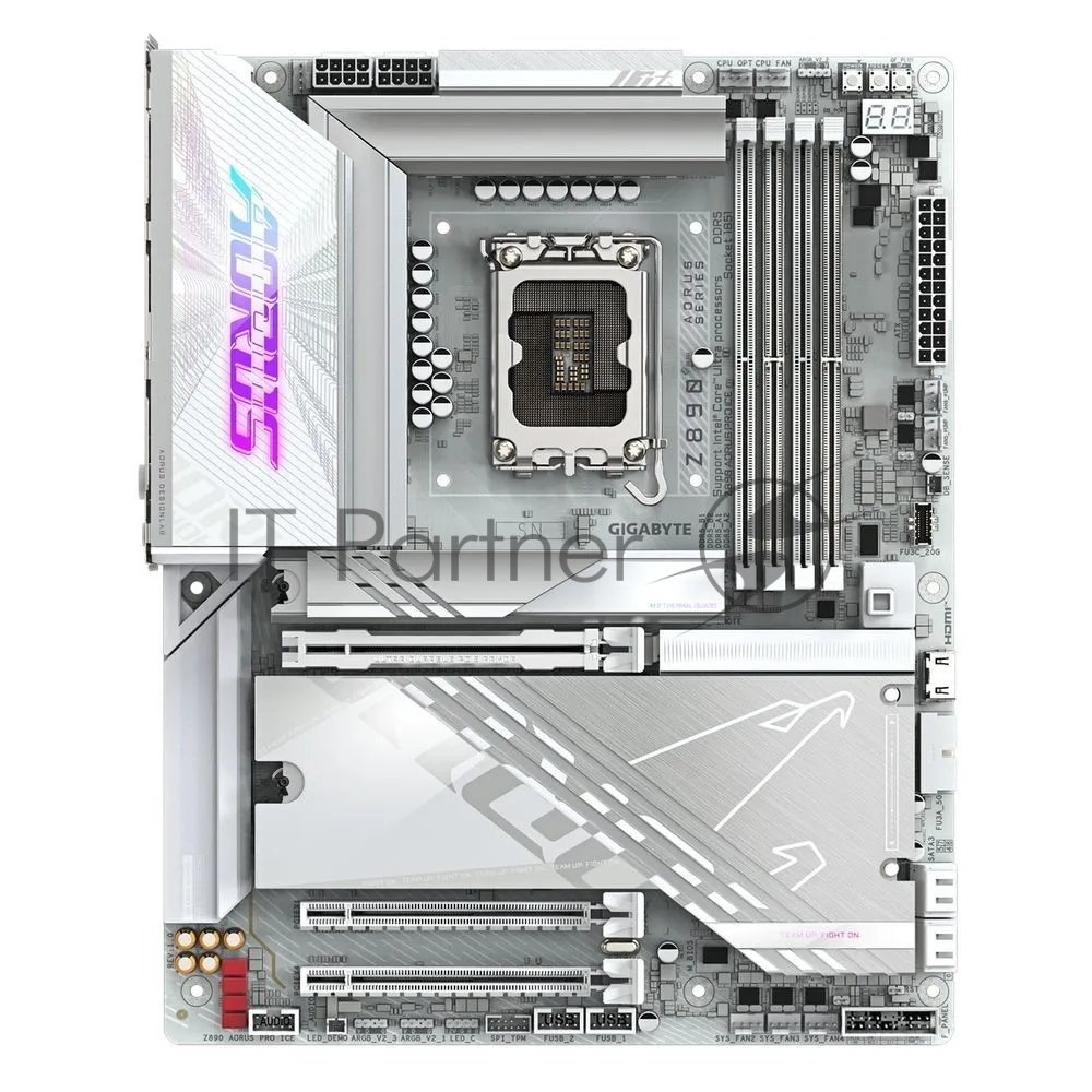 Материнская плата Gigabyte Z890 AORUS PRO ICE, LGA 1851, Intel Z890, 4xDDR5, 4xSATA, 5xM.2, 1xPCIe 5.0 x16, 1xPCIe 4.0 x4, 1xPCIe 4.0 x1, 2xUSB-C (Thunderbolt 4), 1x 5Gb LAN, 4xUSB-A 3.2 Gen 1, 2xUSB-A 3.2 Gen 2, 4xUSB-A 2.0, 2x3.5 мм, 7.1, ATX
