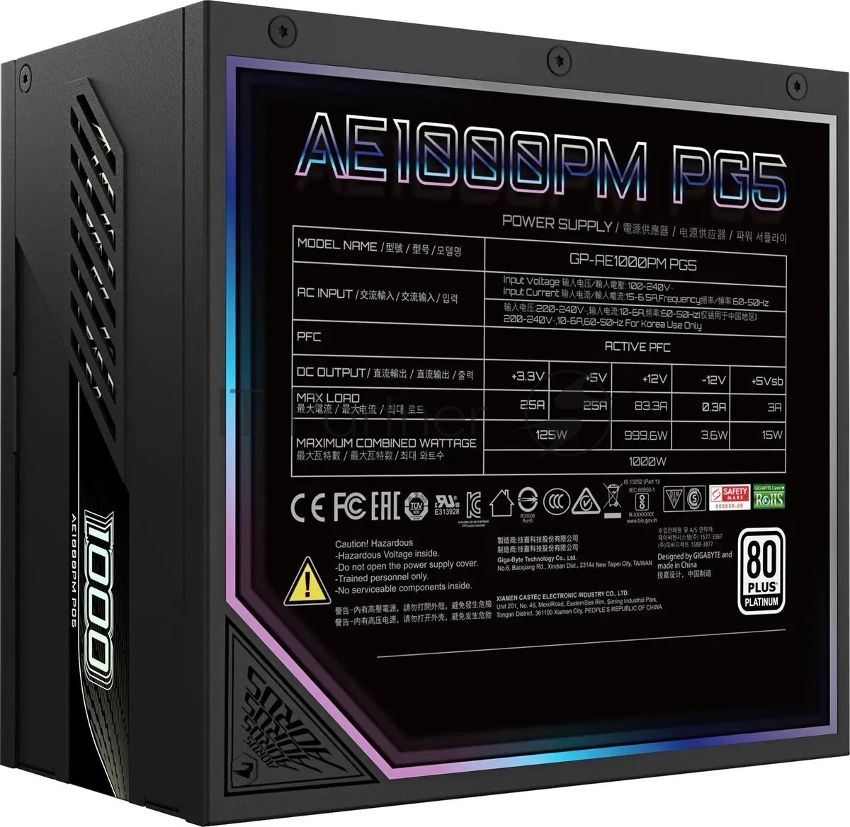 Блок питания Gigabyte ATX 1000W GP-AE1000PM PG5 Gen.5 80 PLUS platinum (20+4pin) APFC 120мм fan 16xSATA Cab Manag RTL