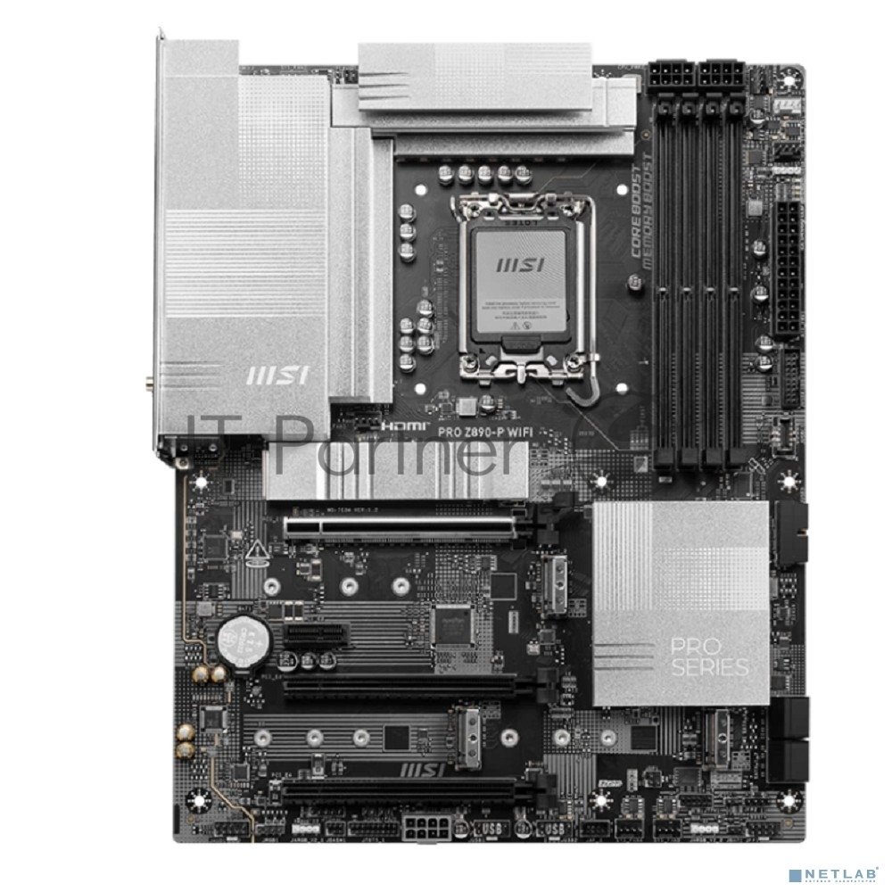 Материнская плата MSI PRO Z890-P WIFI, LGA 1851, Intel Z890, 4xDDR5, 4xSATA, 4xM.2, 1xPCIe 5.0 x16, 2xPCIe 4.0 x4, 1xPCIe 3.0 x1, 1xHDMI, 1xDP, 1xUSB-C Thunderbolt 4, 1xUSB-C 3.2 Gen 2, 1x 5Gb LAN, 2xUSB-A 3.2 Gen 1, 1xUSB-A 3.2 Gen 2, 4xUSB-A 2.0, 3x3.5 мм, 7.1, ATX