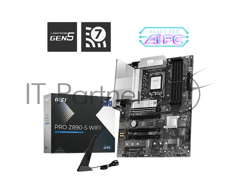 Материнская плата MSI PRO Z890-S WIFI, LGA 1851, Intel Z890, 4xDDR5, 4xSATA, 3xM.2, 1xPCIe 5.0 x16, 2xPCIe 4.0 x4, 1xHDMI, 1xDP, 1xUSB-C Thunderbolt 4, 1xUSB-C 3.2 Gen 2x2, 1x 2.5Gb LAN, 6xUSB-A 3.2 Gen 1, 3x3.5 мм, 7.1, ATX