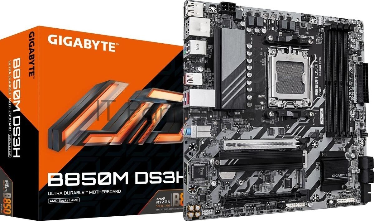 Материнская плата Gigabyte B850M DS3H, Socket AM5, AMD B850, 4xDDR5-5200, HDMI+DP+DP, 2xPCI-Ex16, 4xSATA3(RAID 0/1/10), 2xM.2, 8 Ch Audio, 1x2,5GLan, (4+4)xUSB2.0, (3+2)xUSB3.2, (1+1)xUSB Type-C™, 1xPS/2, mATX, RTL (B850M DS3H плохая упаковка)