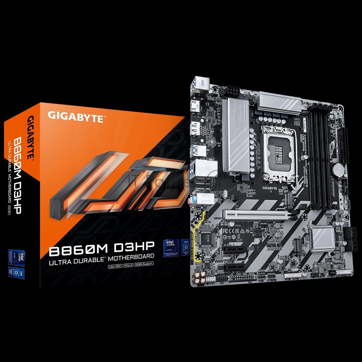 Материнская плата Gigabyte B860M D3HP, Socket 1851, Intel®B860, 4xDDR5-6400, HDMI+DP, 1xPCI-Ex16, 2xPCI-Ex1, 4xSATA3(RAID 0/1/5/10), 2xM.2, 8Ch Audio, GLan, (2+4)xUSB2.0, (3+2)xUSB3.2, (0+1)xUSB Type-C™, 1xPS/2, mATX, RTL bp (B860M D3HP плохая упаковка)