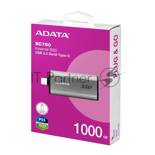 Внешний SSD ADATA SC750, 1TB, USB 3.2 Gen 2 Type-C, R/W 1050/1000, черный