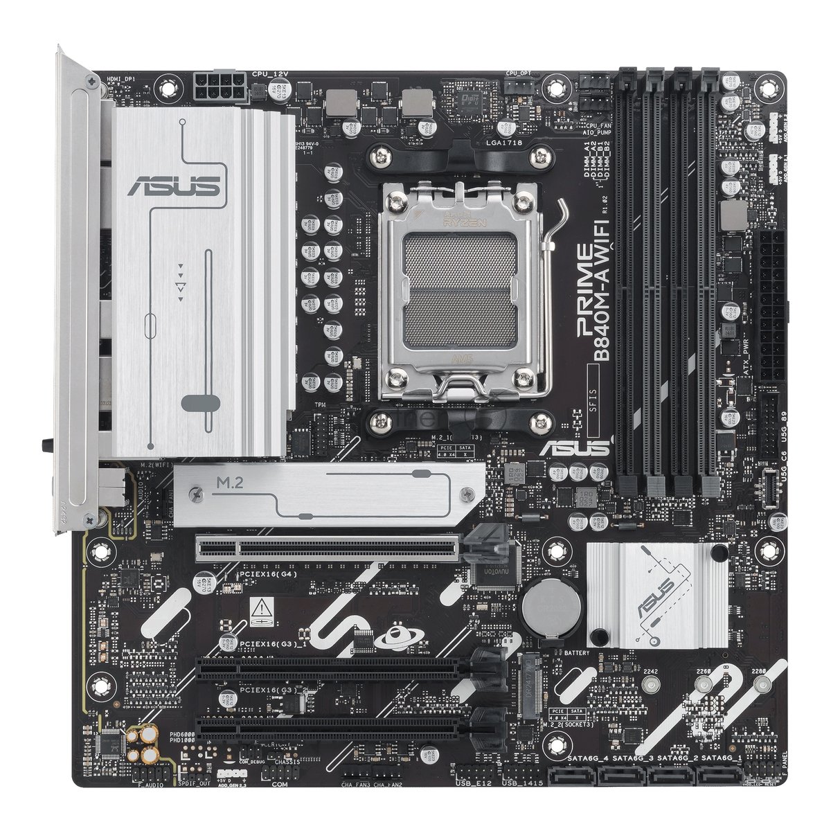 Материнская плата ASUS PRIME B840M-A WIFI, AM5, AMD B840, 4xDDR5, 4xSATA III, 3xM.2, 1xPCIe 4.0 x16, 2xPCIe 3.0 x16 (x1), 2xDP, 1xHDMI, 1x 2.5Gb LAN, Wi-Fi 6E, 2xUSB-A 10Gbps, 1xUSB-C 5Gbps, 4xUSB-A 2.0, 3x3.5 мм, 7.1, micro-ATX