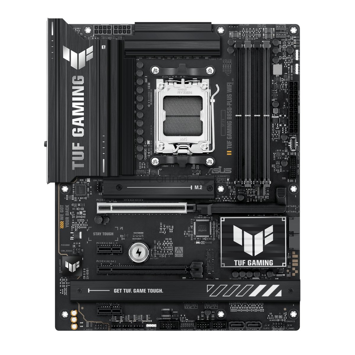 Материнская плата ASUS TUF GAMING B850-PLUS WIFI, AM5, AMD B850, 4xDDR5, 4xSATA, 3xM.2, 1xPCIe 5.0 x16, 1xPCIe 4.0 x16, 2xPCIe 4.0 x1, DisplayPort, HDMI, 1x2.5Gb LAN, USB Type-C, 5x3.5 мм, 7.1, ATX