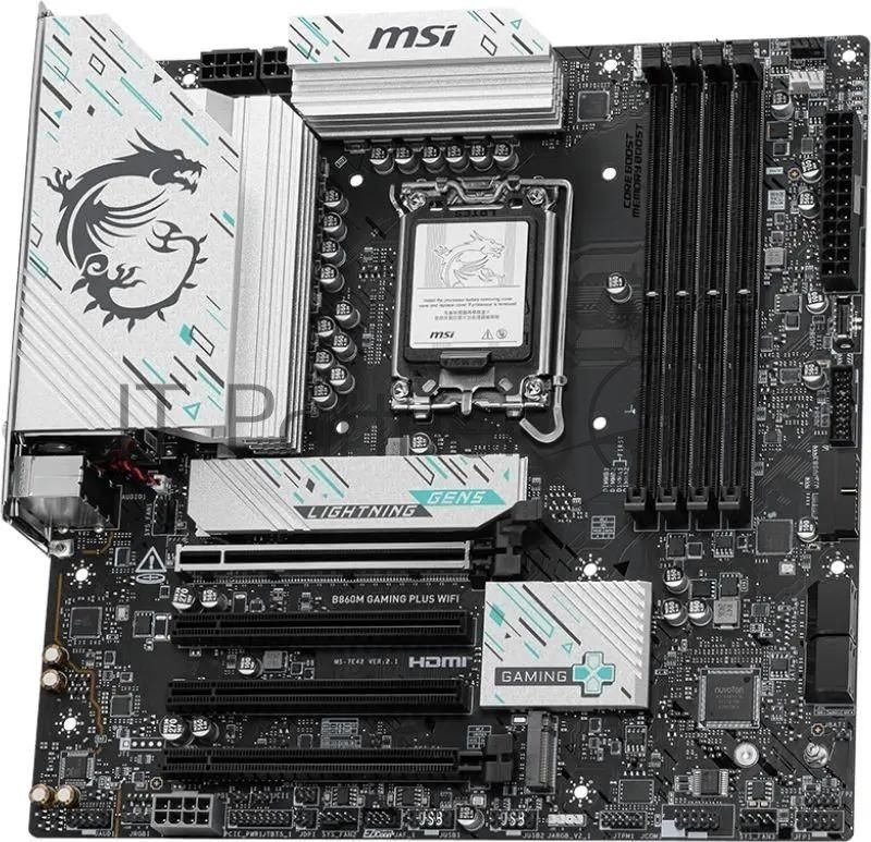 Материнская плата MSI B860M GAMING PLUS WIFI, LGA 1851, Intel B860, 4xDDR5, 4xSATA, 3xM.2, 1xPCIe 4.0 x4, 1xPCIe 5.0 x16, 1xDP, 1xHDMI, 1xUSB-C, 1x 5Gb LAN, 3xUSB-A 2.0, 2xUSB-A 3.2 Gen 1, 1xUSB 3.2 Gen 2, 7.1, 3x3.5 мм, mATX