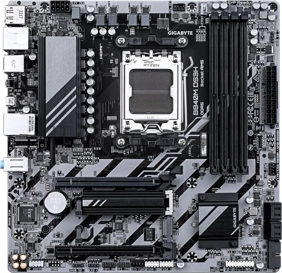 Материнская плата Gigabyte B840M DS3H, AM5, AMD B840, 4xDDR5, 4xSATA, 2xM.2, 1xPCIe 4.0 x16, 2xDisplayPort, HDMI, 1x2.5Gb LAN, USB Type-C, 3x3.5 мм, 7.1, microATX