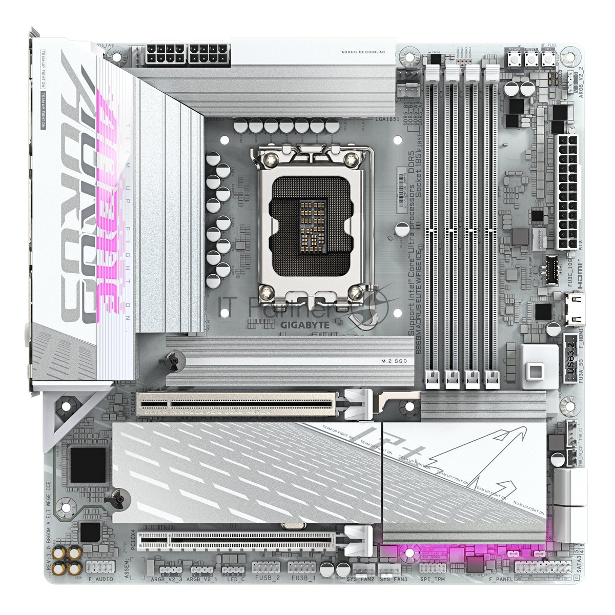 Материнская плата Gigabyte B860M AORUS ELITE WIFI6E ICE, LGA1851, Intel B860, 4xDDR5, 4xSATA, 3xM.2, 1xPCIe 5.0 x16, 1xPCIe 4.0 x4, 1xDP, 2xHDMI, 1x2.5Gb LAN, Wi-Fi 6E, Bluetooth 5.3, 2xUSB-A 10Gbps (Gen2), 4xUSB-A 5Gbps, 4xUSB-A 2.0, 1xUSB-C 20Gbps (USB4), 2x3.5 мм, 7.1, mATX