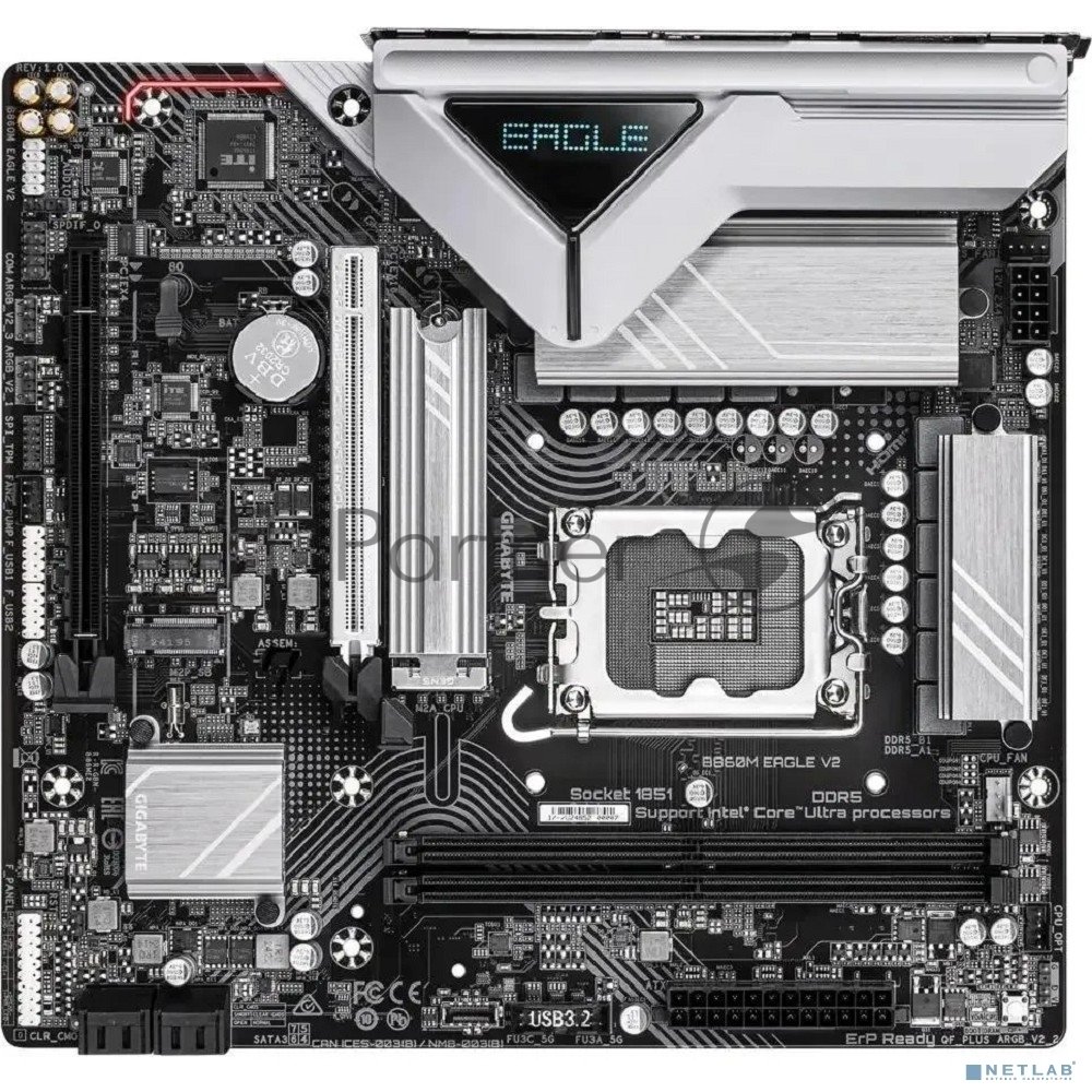 Материнская плата Gigabyte B860M EAGLE V2, LGA1851, Intel B860, 2xDDR5, 4xSATA, 2xM.2, 1xPCIe 5.0 x16, 1xPCIe 4.0 x4, 1xDP, 1xHDMI, 1x2.5Gb LAN, 3xUSB-A 5Gbps, 7xUSB-A 2.0, 1xUSB-C 5Gbps, 3x3.5 мм, 7.1, mATX