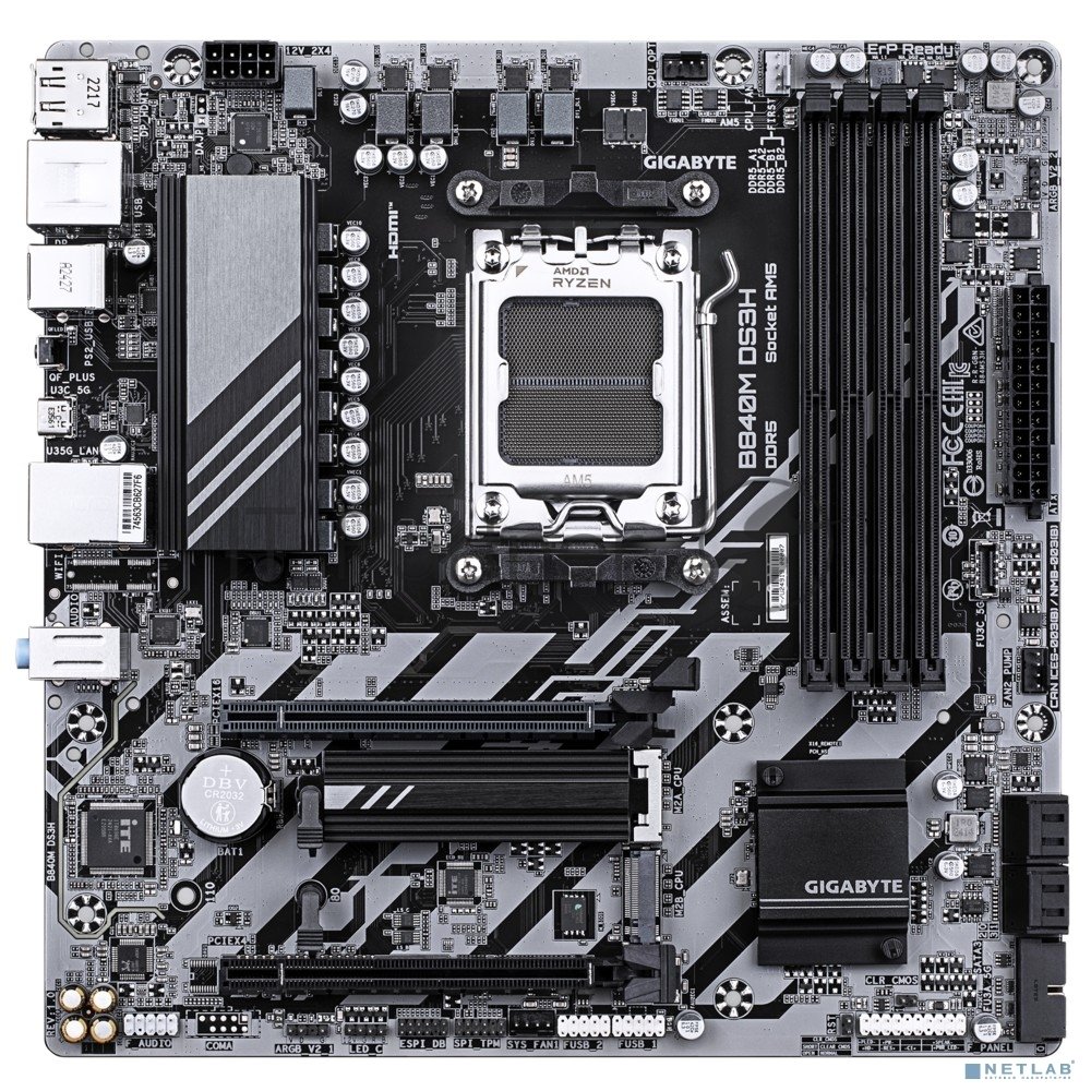 Материнская плата Gigabyte B840M DS3H, AM5, AMD B840, 4xDDR5, 4xSATA, 2xM.2, 1xPCIe 4.0 x16, 2xDisplayPort, HDMI, 1x2.5Gb LAN, USB Type-C, 3x3.5 мм, 7.1, microATX