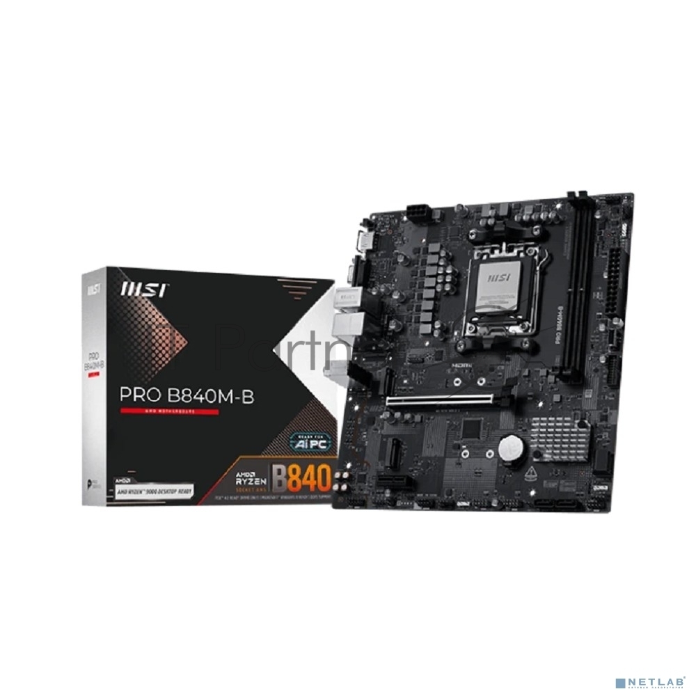 Материнская плата MSI PRO B840M-B, AM5, AMD B840, 2xDDR5, 4xSATA, 2xM.2, 1xPCIe 4.0 x16, 1xPCIe 3.0 x1, 1xHDMI, 1xVGA, 1x2.5Gb LAN, 4xUSB-A 5Gbps, 2xUSB-A 2.0, 3x3.5 мм, 7.1, mATX
